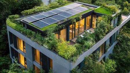 Modern eco-friendly building with solar panels and a green roof, symbolizing sustainable architecture. Copy space.の素材
