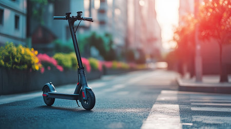 Electric scooter parked on a clean city street, symbolizing eco-friendly urban transportation. Ample copy space.の素材
