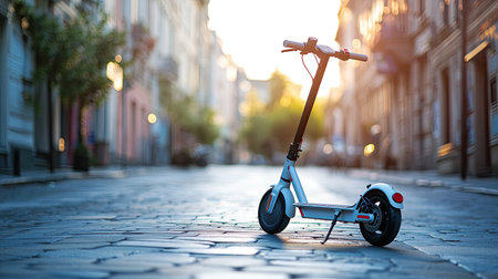 Electric scooter parked on a clean city street, symbolizing eco-friendly urban transportation. Ample copy space.の素材