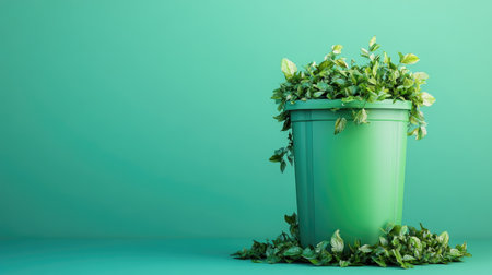 Recycling bin with green plants growing from it, symbolizing sustainability and eco-consciousness. Copy space available.の素材