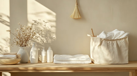 Eco-friendly laundry setup with biodegradable detergent and fabric bags, promoting sustainability. Copy space.の素材