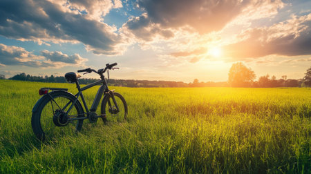 Electric bike parked near a green field, symbolizing eco-friendly transportation options. Copy space.の素材