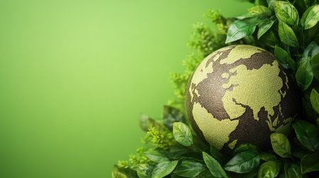 Globe with green foliage around it, representing global sustainability efforts. Ample space for text.の素材