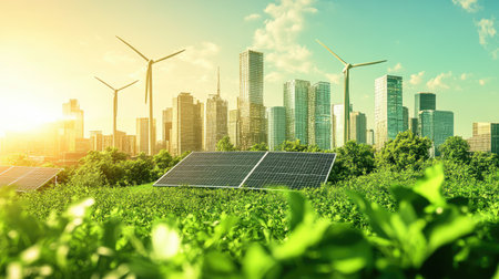 Green city skyline with wind turbines and solar panels, representing eco-friendly urban living. Copy space available.の素材
