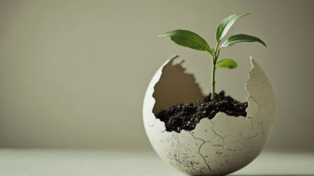 Plant sprouting from soil inside a cracked eggshell, representing the fragility of sustainability. Copy space.の素材