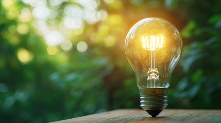 Eco-friendly lightbulb on a wooden table, symbolizing sustainable energy. Ample room for copy.の素材