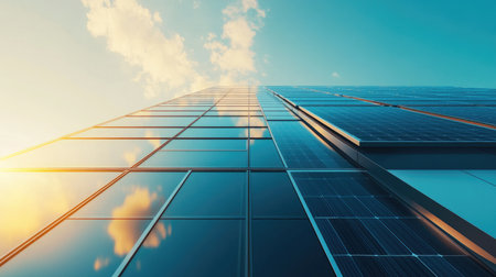 Modern building with solar panels on the roof, promoting environmentally friendly architecture. Copy spaceの素材