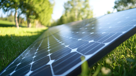 Close-up of solar panels in a green field, representing eco-friendly energy sources. Copy space available.の素材