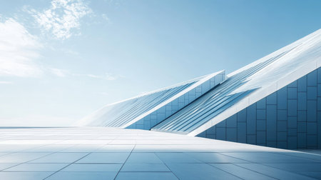 Solar panels on the roof of a modern building, showing sustainable architecture and clean energy. Copy space.の素材