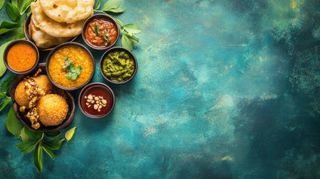 South Indian breakfast of pongal, vada, and a variety of chutneys. Top view with space for text.の素材