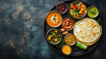 South Indian breakfast: savory uthappam with mixed vegetables, accompanied by chutneys and sambar. Top view with space.の素材