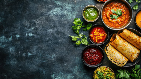 South Indian breakfast of rava dosa with a variety of chutneys and sambar. Top view with copy space available.の素材