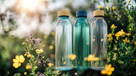 Reusable water bottles on a natural background, symbolizing eco-friendly and sustainable habits.の素材