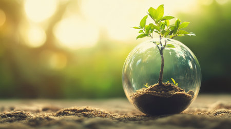 Small tree growing inside a clear glass globe, representing sustainability and environmental care.の素材
