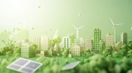 Green cityscape with wind turbines and solar panels, promoting eco-friendly urban living. Copy space available.の素材