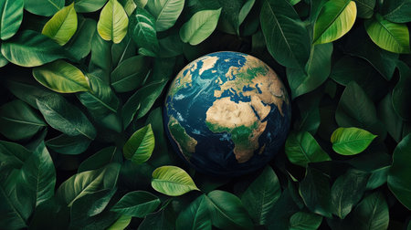 Globe surrounded by green leaves, symbolizing eco-friendly global initiatives. Copy space for text.の素材