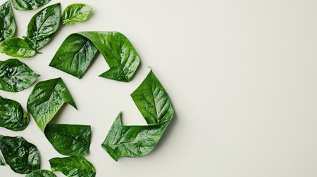 Green leaves forming a recycling symbol on a light background, promoting eco-friendliness. Copy space.の素材