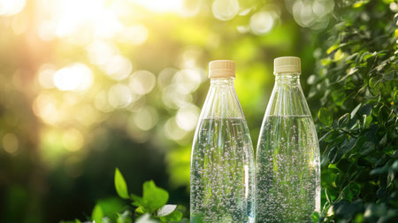 Reusable water bottles on a natural background, symbolizing eco-friendly and sustainable habits.の素材