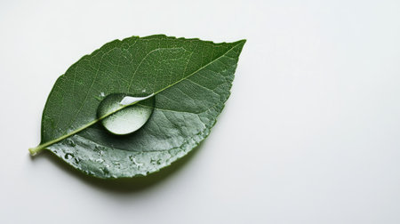 Green leaf with a water droplet, representing sustainability and natural resources. Ample space for text.の素材