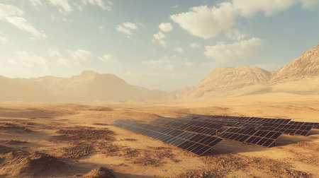 Solar panel array in a vast desert landscape, representing renewable energy and sustainability. Copy space.の素材