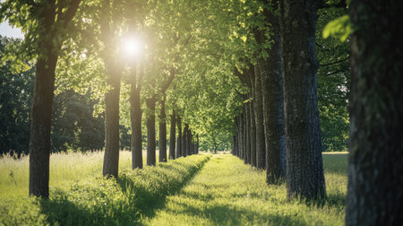 Row of trees in a forest under a bright sun, symbolizing nature's sustainability and environmental protection.の素材