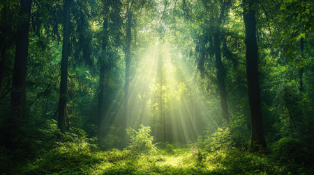 Lush green forest with sunlight streaming through the trees, symbolizing eco-friendly practices. Copy spaceの素材