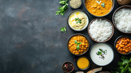 Sri Lankan breakfast spread with milk rice, dhal curry, and coconut sambol. Top view with space for text.の素材