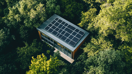 Solar panels on the roof of a modern house surrounded by trees, showcasing eco-friendly energy. Ample space for text.の素材