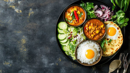 Sri Lankan breakfast plate with string hoppers, coconut curry, and fresh vegetables. Top view with space for text.の素材