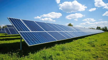 Solar panels lined up in a sunny field, symbolizing eco-friendly and renewable energy solutions. Copy space.の素材