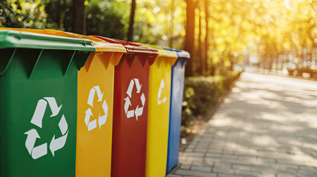 Recycling bins with clear signs, symbolizing responsible waste management and sustainability. Copy space.の素材