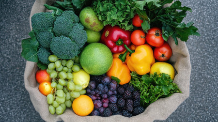 Reusable fabric tote bag filled with fresh fruits and vegetables, promoting eco-friendly shopping habits.の素材