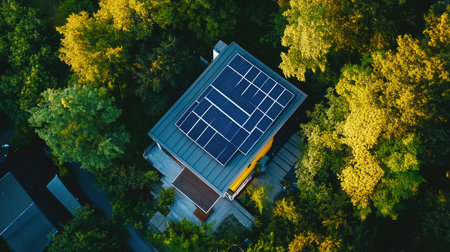 Solar panels on the roof of a modern house surrounded by trees, showcasing eco-friendly energy. Ample space for text.の素材