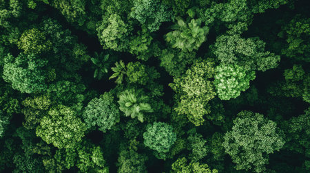 Lush green forest canopy viewed from above, representing natural sustainability and conservation. Copy space.の素材