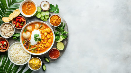 Sri Lankan breakfast plate with string hoppers, coconut curry, and fresh vegetables. Top view with space for text.の素材