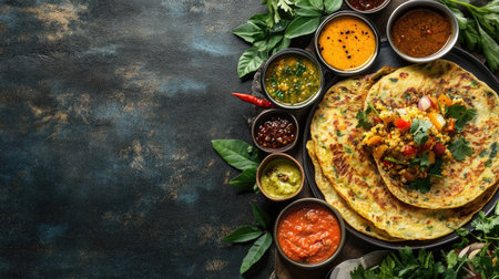 South Indian breakfast spread: uttapam topped with vegetables, served with sambar and chutneys. Top view, space for text.の素材