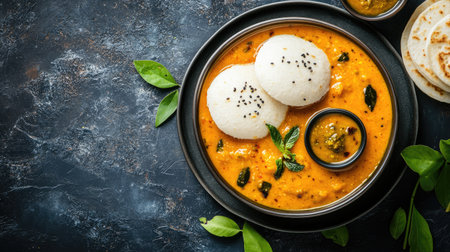 South Indian breakfast of idli and sambar with coconut chutney. Top view with copy space available.の素材