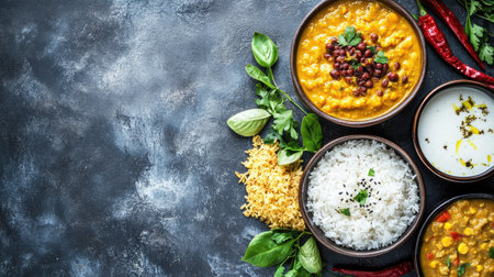 Sri Lankan breakfast spread with milk rice, dhal curry, and coconut sambol. Top view with space for text.の素材
