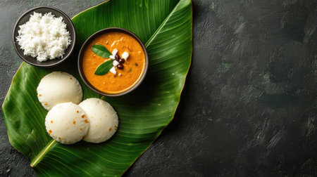 South Indian breakfast of soft idlis, spicy sambar, and coconut chutney on a banana leaf. Top view with room for text.の素材