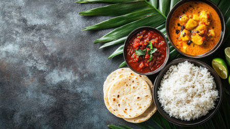 Sri Lankan breakfast: pol sambol with hoppers and a side of curry. Top view with ample space for text.の素材