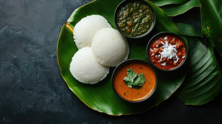 South Indian breakfast of soft idlis, spicy sambar, and coconut chutney on a banana leaf. Top view with room for text.の素材