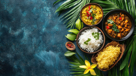 Sri Lankan breakfast with string hoppers, coconut sambol, and curry in vibrant colors. Top view with space for textの素材