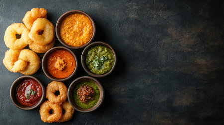 South Indian breakfast of pongal, vada, and a variety of chutneys. Top view with space for text.の素材