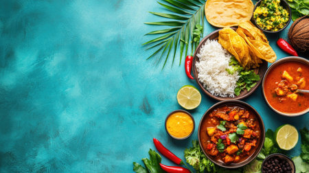 Sri Lankan breakfast with string hoppers, coconut sambol, and curry in vibrant colors. Top view with space for textの素材