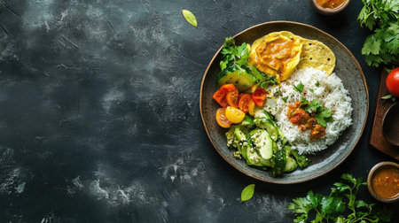 Sri Lankan breakfast plate with string hoppers, coconut curry, and fresh vegetables. Top view with space for text.の素材