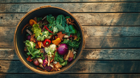 Top view of a compost bin filled with vegetable scraps, symbolizing eco-friendly waste management. Copy space available.の素材
