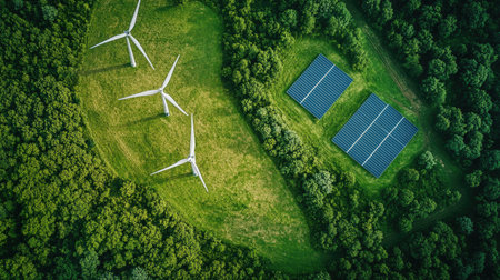Top view of a clean energy concept with wind turbines and solar panels, symbolizing eco-friendliness. Copy space.の素材