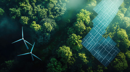 Top view of a clean energy concept with wind turbines and solar panels, symbolizing eco-friendliness. Copy space.の素材