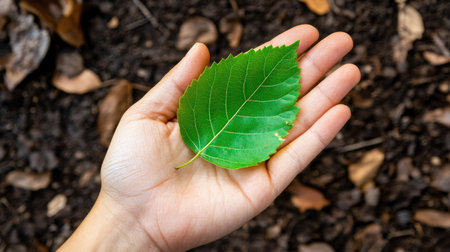 Top view of a hand holding a green leaf, symbolizing environmentally friendly practices. Ample copy space available.の素材
