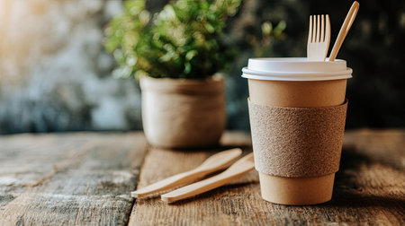 Compostable coffee cups and biodegradable utensils, promoting eco-friendly alternatives to single-use plastics.の素材